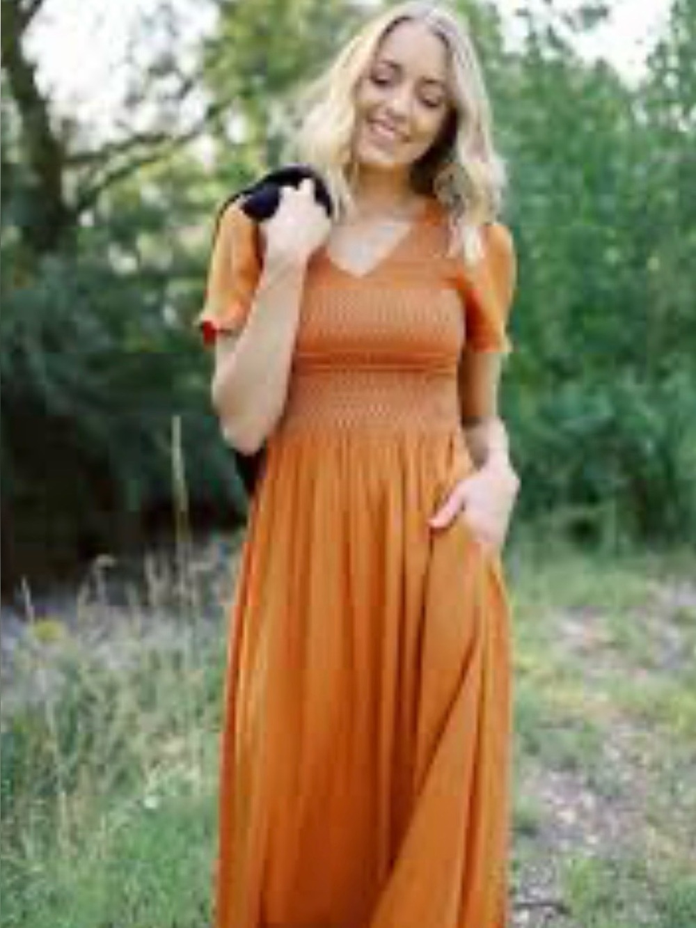 BALTIC BORN Leeds Smocked Top Maxi Dress Sz S brown/orange pockets short sleeved